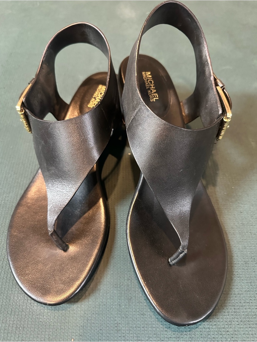 MICHAEL Michael Kors Black Leather Slingback Thong Sandals with Gold Buckle